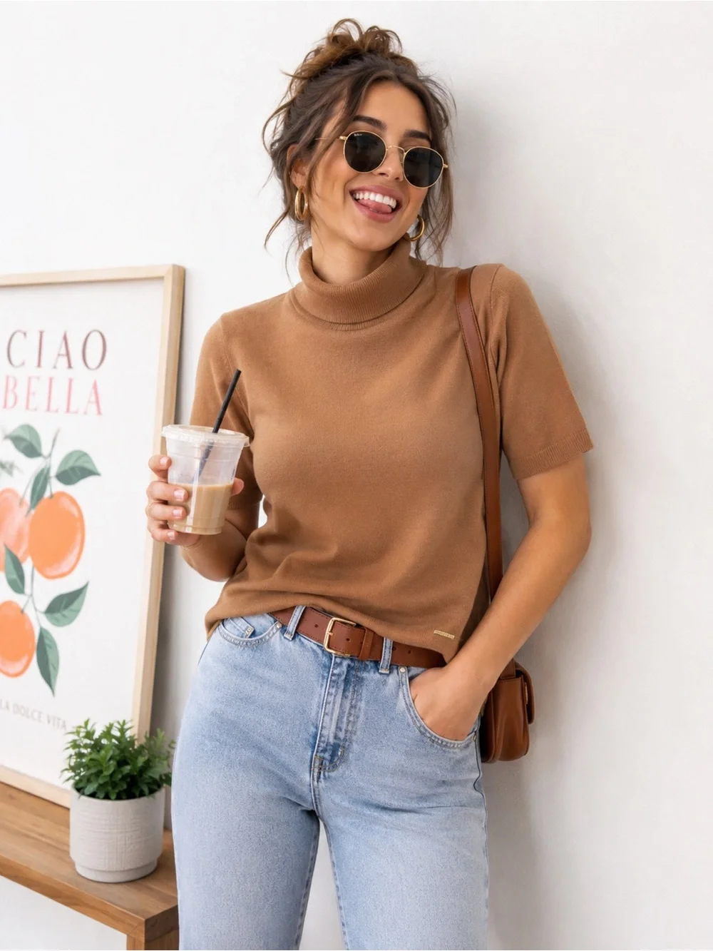 Anne Klein Women’s Brown Mock Neck Short Sleeve Knit Top Size L